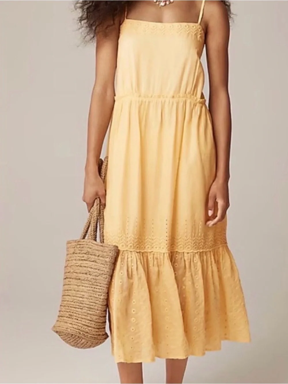 J.  Crew Butter Yellow Flowy Euro Summer Eyelet cotton Midi Dress M